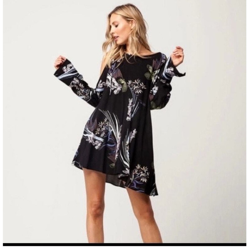 Free People - Clear Skies Black Floral Asymmetrical Long Sleeve Dress